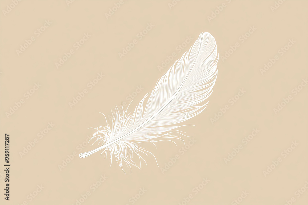 Poster a simple white line drawing of a delicate feather floating gently in the air. the minimalist design 