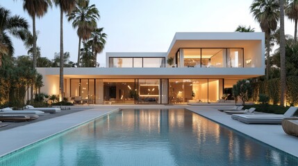 Fototapeta premium A beautiful modern cubic villa features expansive glass walls and a large swimming pool
