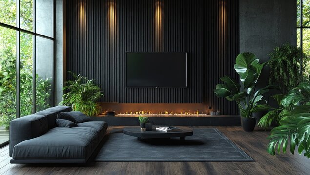 Modern Living Room Interior Design with a fireplace, plants and a TV