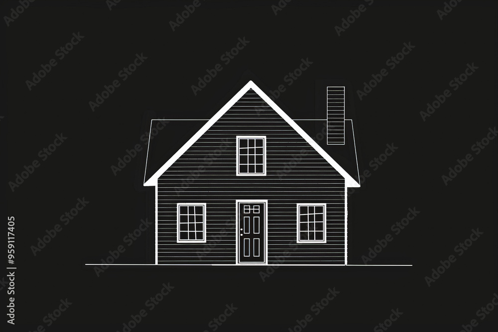 Poster a simple white line drawing on a black background of a house with windows and a door. the minimalist