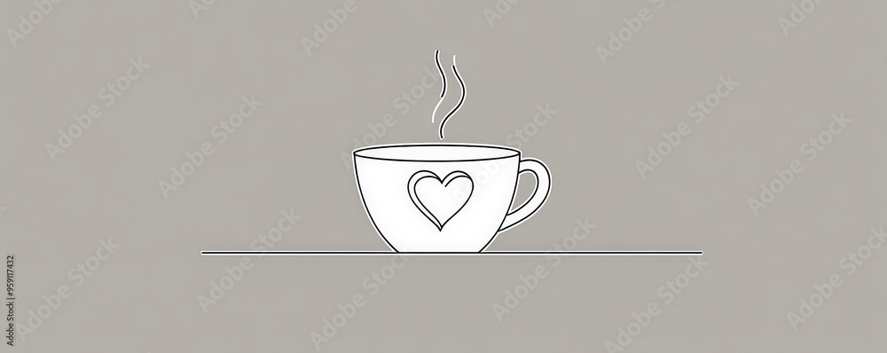 Poster a simple white line drawing of a coffee cup with a heart-shaped steam rising from it. the clean line
