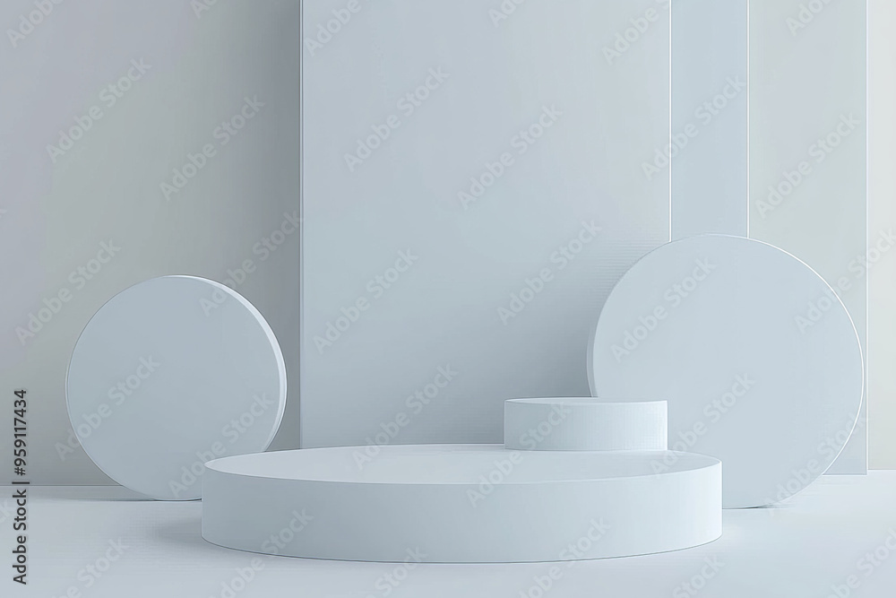 Poster a minimalist 3d abstract background with simple, geometric shapes in soft greys and whites. the clea
