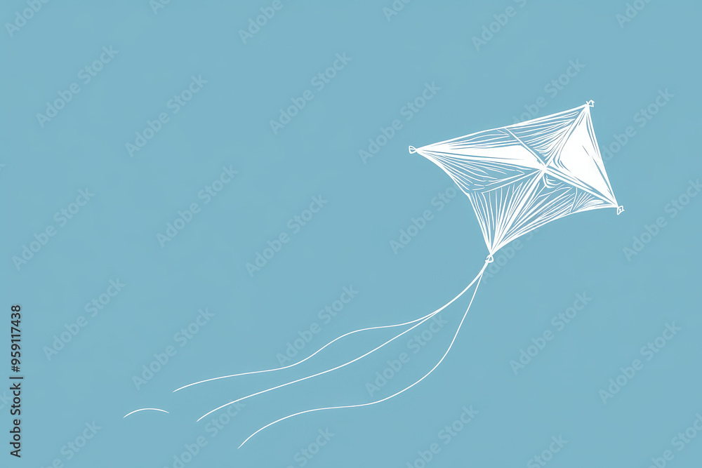 Poster a simple white line drawing of a kite flying in the sky, with a string trailing below. the clean lin