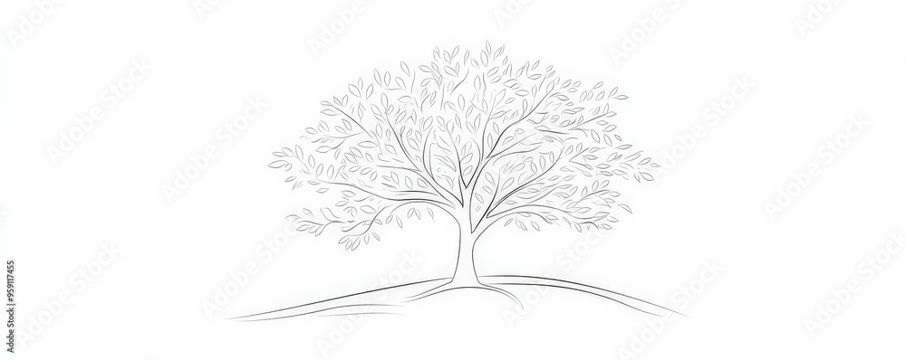 Poster a simple white line drawing of a tree with thick foliage and a sturdy trunk. the clean lines and min