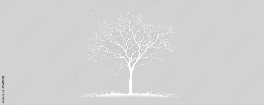 Poster a simple white line drawing of a tree with bare branches, standing tall against a plain background. 
