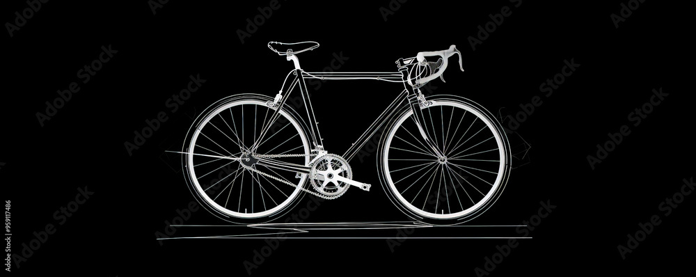 Poster a simple white line drawing on a black background of a bicycle with its wheels and frame clearly out