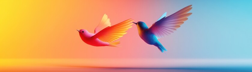 Obraz premium Two colorful birds fluttering in a vibrant gradient background, representing beauty and freedom in nature.