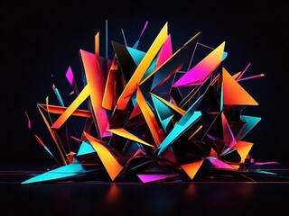 An artistic image featuring geometric neon shapes glowing brightly against a black background, highlighting the sharp edges and vibrant colors in a modern, abstract design.
