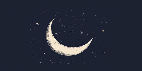 Naklejka premium A simple white line drawing of a crescent moon with a few stars scattered around it. The minimalist design creates a serene and dreamy night sky scene.