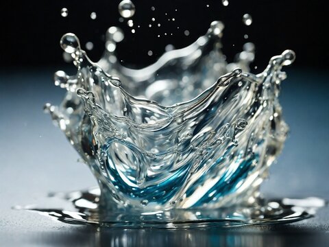 Water splash, with droplets frozen in motion, showcasing the fluidity and purity of the liquid in a bright and refreshing visual composition.
