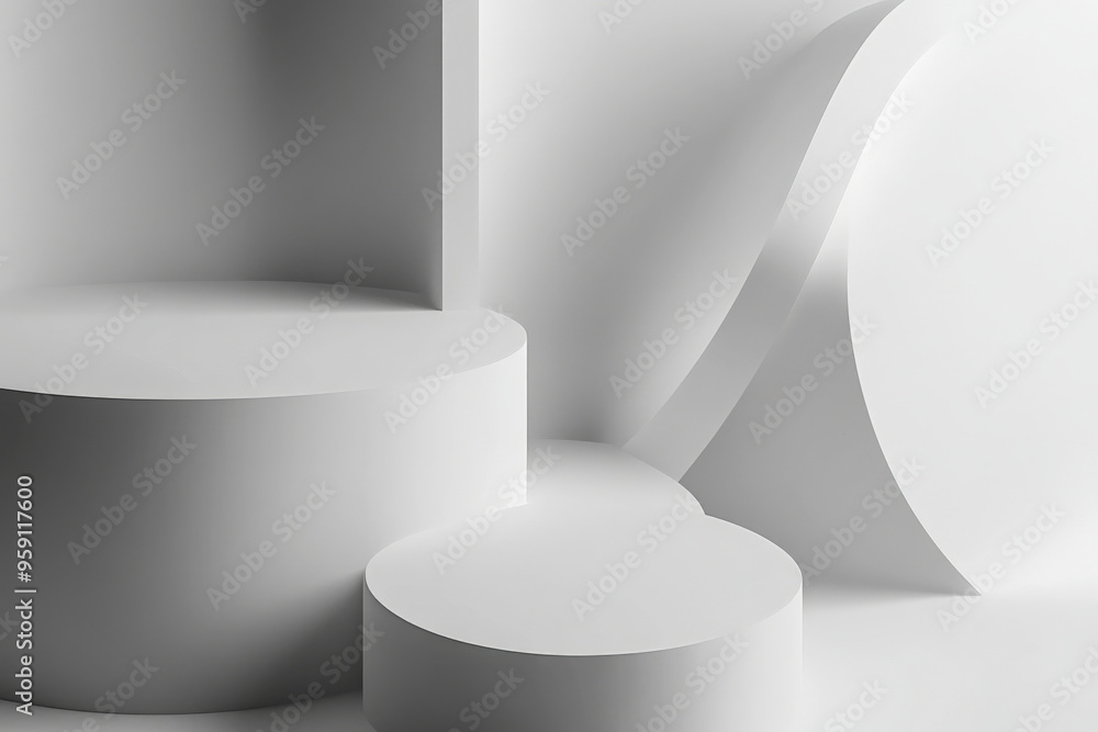 Poster a minimalist 3d abstract background with simple, geometric shapes in soft greys and whites. the clea