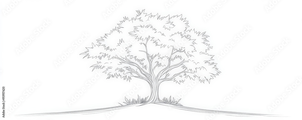 Poster a simple white line drawing of a tree with thick foliage and a sturdy trunk. the clean lines and min
