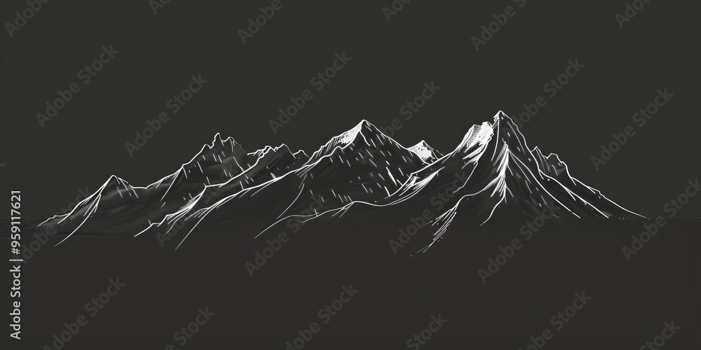 Poster a simple white line drawing on a black background of a mountain range with sharp peaks. the minimali