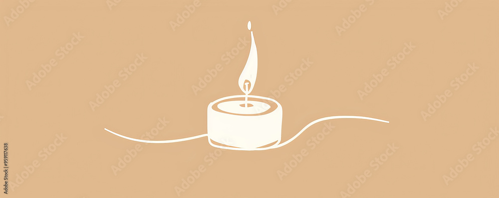 Poster a simple white line drawing on an ivory background of a candle with a small flame. the soft color em