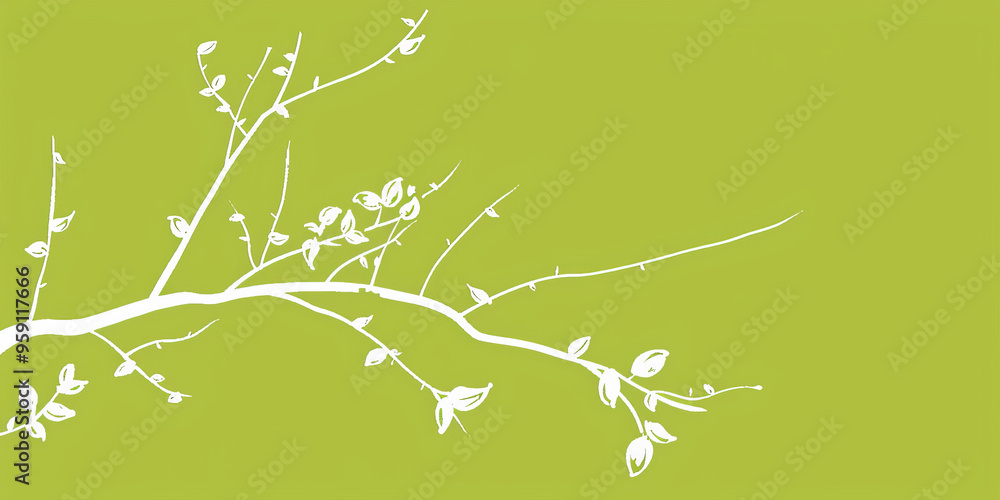 Poster a simple white line drawing on a lime green background of a tree branch with a few leaves. the vibra