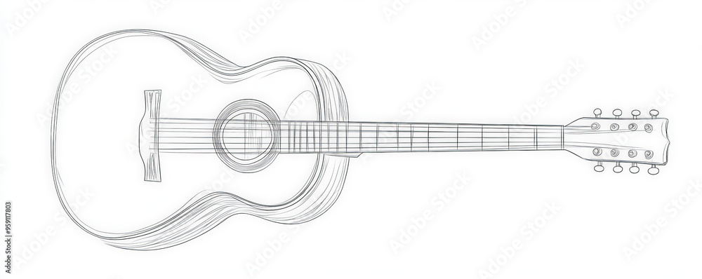 Poster a simple white line drawing of a guitar, with the strings and body outlined in clean, minimalist lin