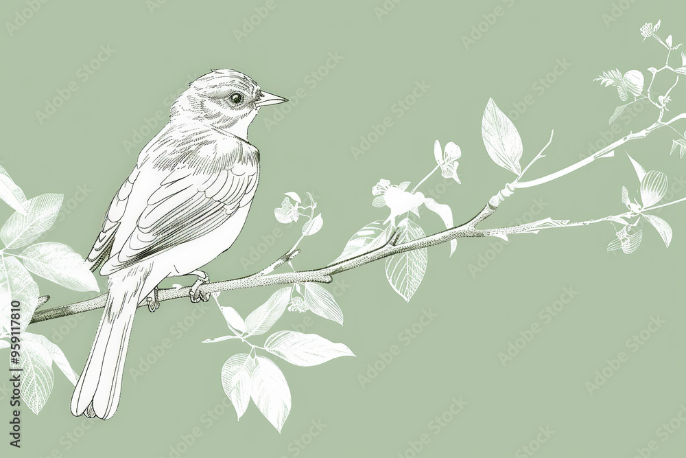 Poster a simple white line drawing on a light green background of a bird perched on a branch. the soft colo