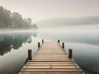 Foggy lake. The calm water and misty atmosphere create a tranquil and picturesque scene, emphasizing the natural beauty and peacefulness of the lakeside landscape during the morning.