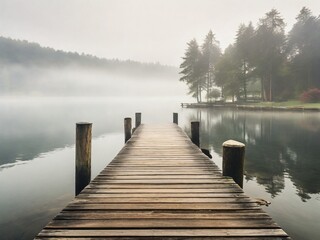 A serene photograph capturing a rustic wooden dock extending into a foggy lake. 