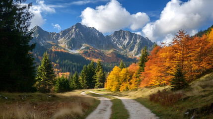 Fototapeta premium Winding mountain road through colorful autumn forest with snow-capped peaks in background, copy space