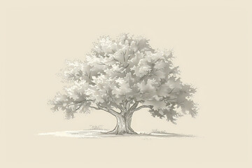 A simple white line drawing on a cream background of a tree with a thick trunk and lush foliage. The neutral tones emphasize the strength and stability of the tree.