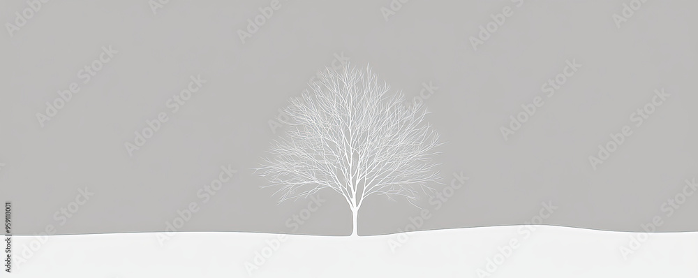 Poster a simple white line drawing of a tree with bare branches, standing tall against a plain background. 