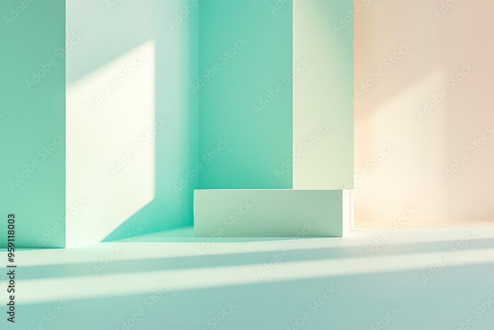 Poster a serene background with light color blocks in calming blue and green tones. the design features a s