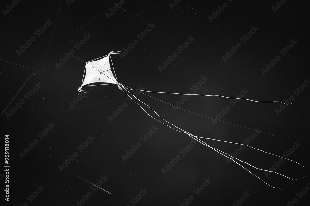 Poster a simple white line drawing on a black background of a kite flying in the sky. the design captures t