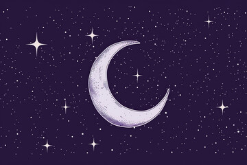 Naklejka premium A simple white line drawing on a violet background of a crescent moon surrounded by stars. The deep color enhances the mystique and serenity of the night sky.