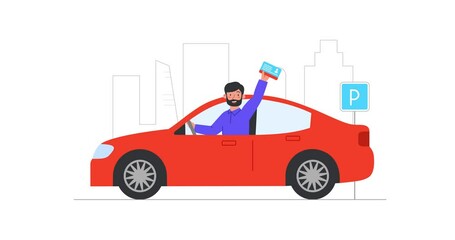 Education process in driving school. Moving banner with man driving car and showing his drivers license. Character learned rules of road and passed exam. Cartoon flat animated graphics