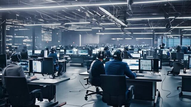 Many people sitting at computers in huge room, troll farm, hackers or corporate workers.