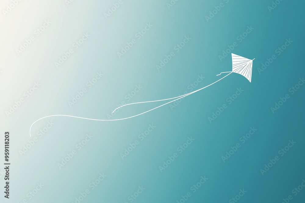 Poster a simple white line drawing of a kite flying in the sky, with a string trailing below. the clean lin