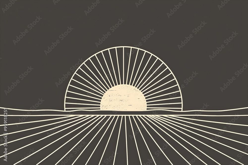 Poster a simple white line drawing of a sun rising over a horizon, with rays extending outward. the clean l