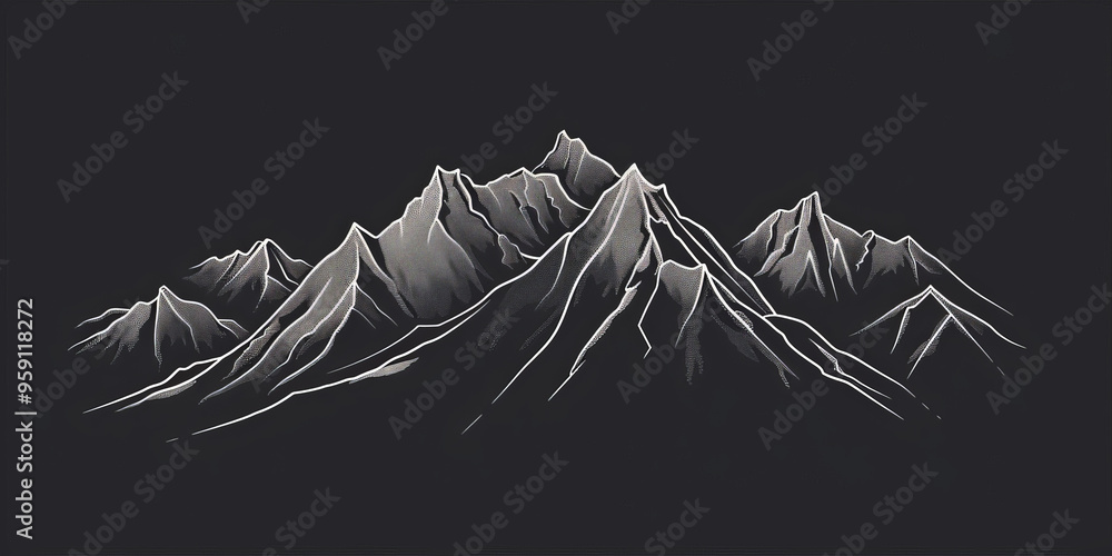 Poster a simple white line drawing on a black background of a mountain range with sharp peaks. the minimali