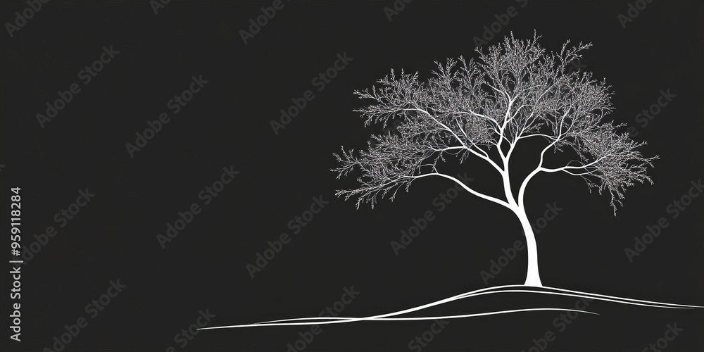 Poster a simple white line drawing of a tree with spreading branches and a few leaves. the minimalist lines