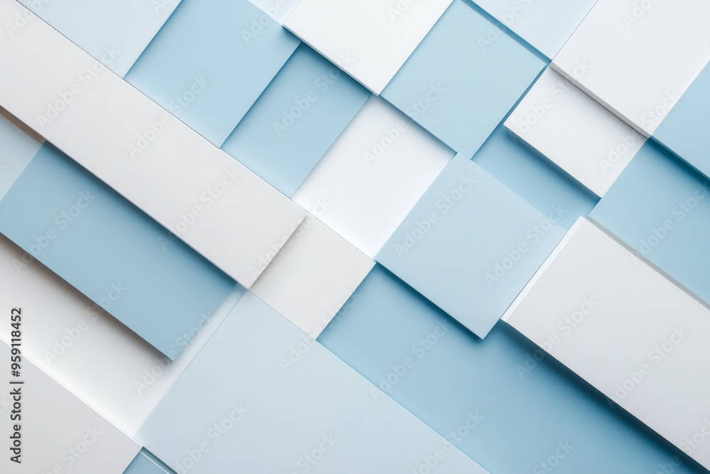 Poster a clean background with light color blocks in shades of soft blue and white. the design features a m