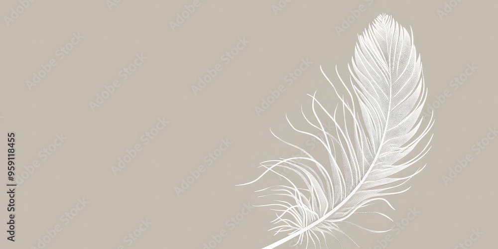 Poster a simple white line drawing on a light gray background of a feather gently floating in the air. the 