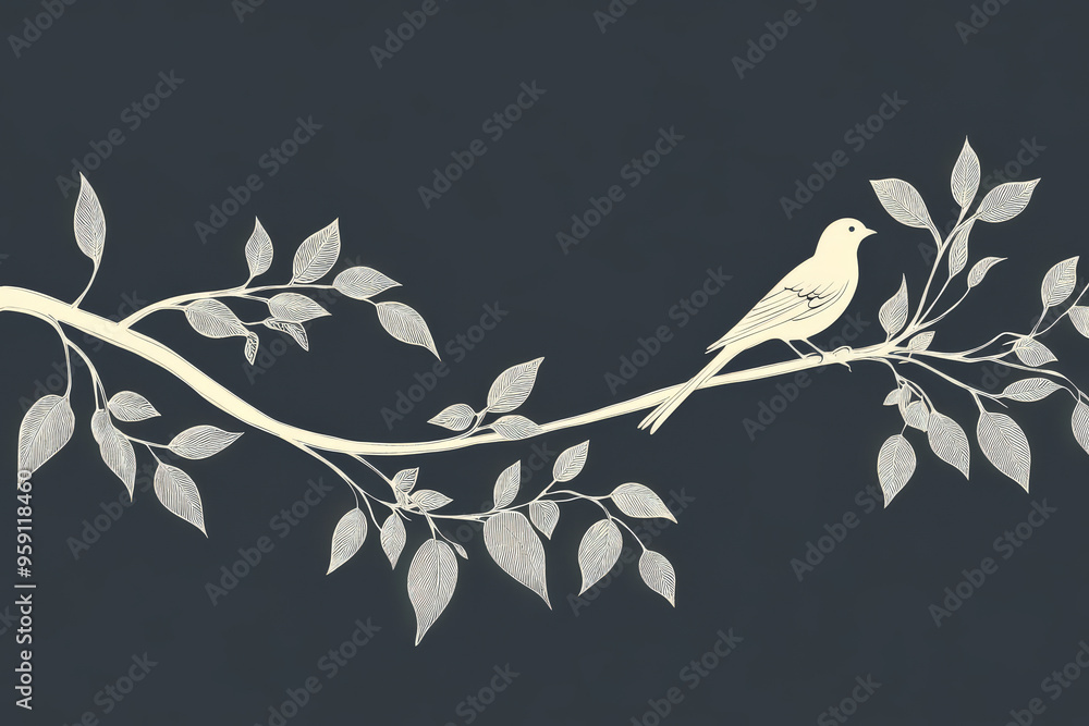 Poster a simple white line drawing of a tree branch with a few leaves and a bird perched on it. the clean l
