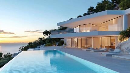 A very nice house with a pool and some chairs, AI