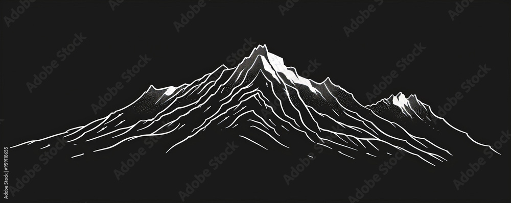 Poster a simple white line drawing on a black background of a mountain with sharp peaks. the design capture
