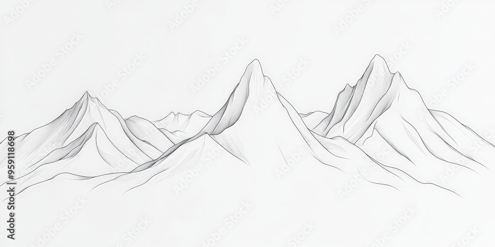 Poster a simple white line drawing of a mountain range with a few peaks and valleys. the minimalist lines c