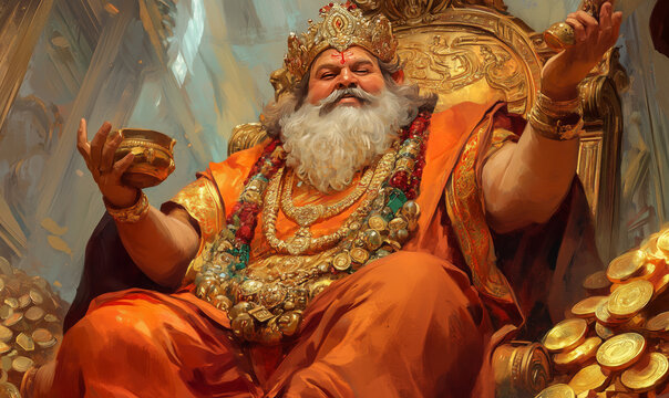  Kubera, the God of Wealth in Abundance.  Digital Illustration Inspired Painting of a Hindu god. 