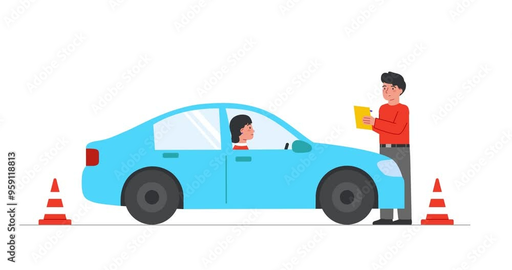 Poster education process in driving school. moving banner with female student taking exam with instructor a