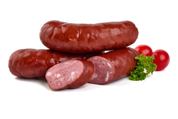 Smoked pork sausages, isolated on white background. High resolution image