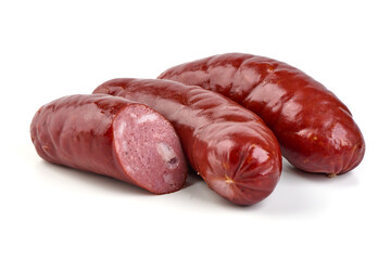 Smoked bratwurst sausages, isolated on white background