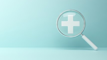 Fototapeta premium 3D render of a white plus sign inside a magnifier, with copy space to emphasize a positive outlook and healthcare values.