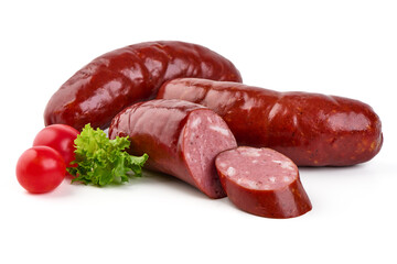 Smoked bratwurst sausages, isolated on white background