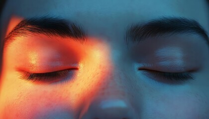 Obraz premium Close-up of a serene face with closed eyes, illuminated by soft, colorful light, conveying calm and tranquility.