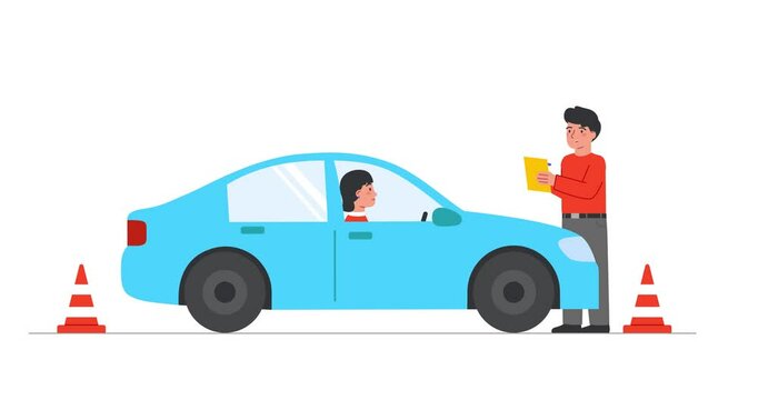 Education process in driving school. Moving banner with female student taking exam with instructor at driving range. Character learned road rules and received license. Cartoon flat animated graphics