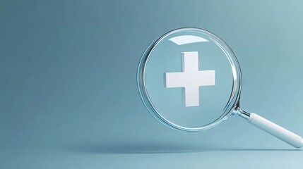 Fototapeta premium 3D rendered magnifier glass focusing on a white plus sign, with generous copy space for promoting positive mindset and healthcare concepts.
